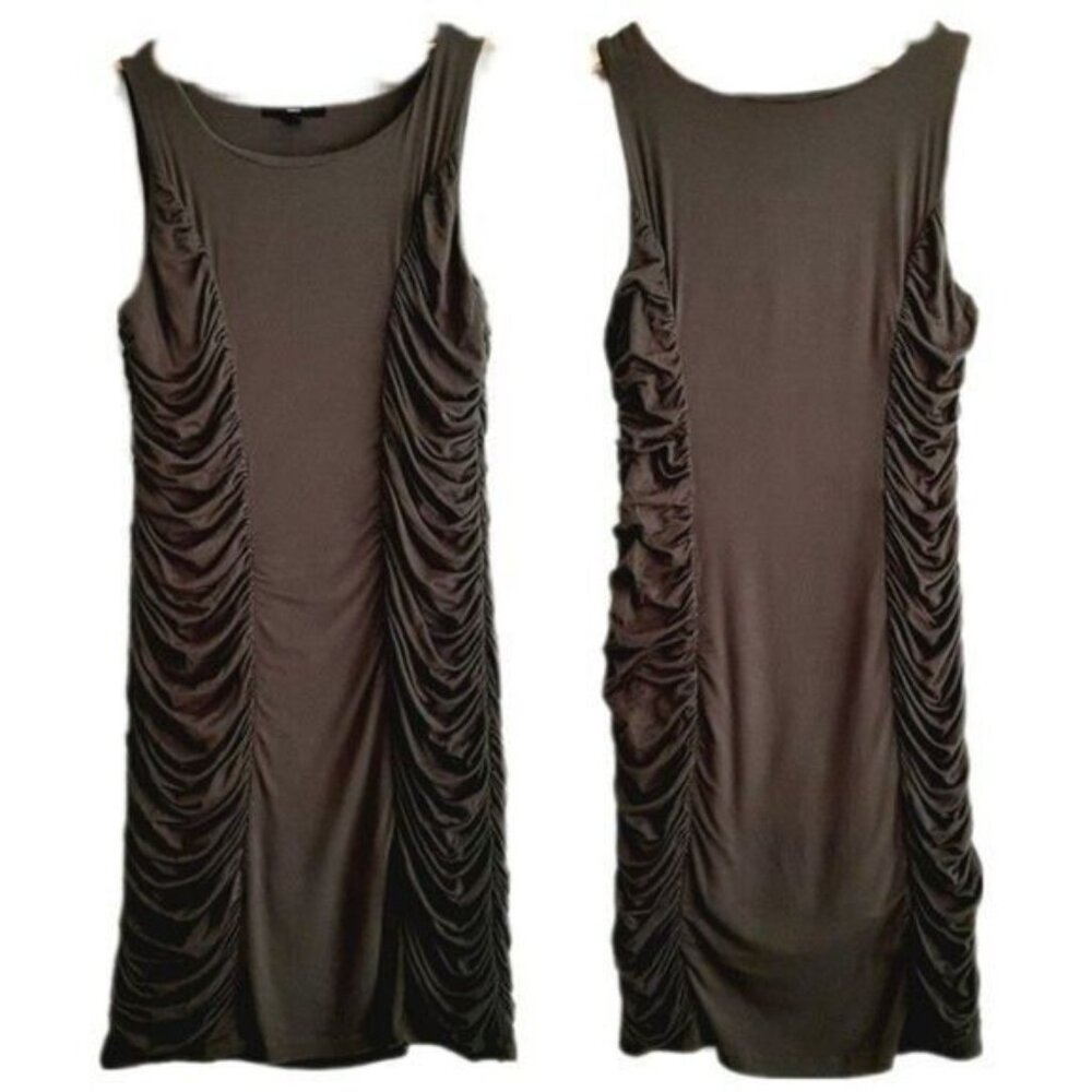 BIANCA NYGÅRD / Soft Bodycon Midi Dress Ruched Stretch Olive Green Sz 14